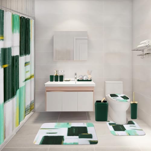 XLHOMO Bathroom Set - Dark Green and Gold Bathroom Accessories Set, Bathroom Sets with Shower Curtain and Rugs, Green Shower Curtain Set with Bathroom Trash Can, Soap Dispenser, Soap Dish for Home - color: Plaid Green & Gold, size: Complete Set + Bath Rug