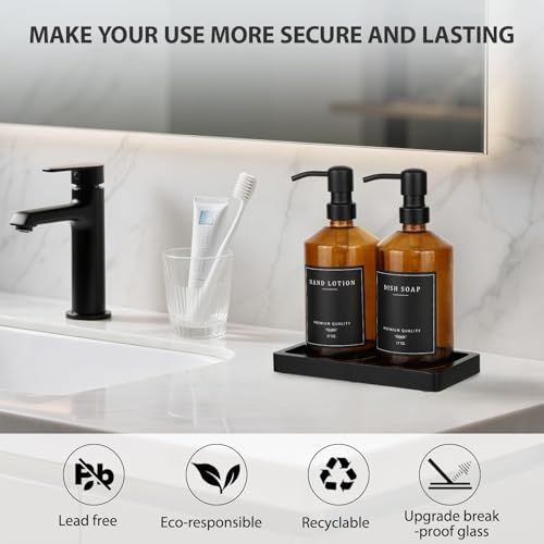 Amber Glass Soap Dispenser, Bathroom Hand Soap Dispensers with Stainless Pump, 17 Oz Kitchen Hand and Dish Soap Dispenser Set, Modern Liquid Soap Lotion Dispenser (Amber Bottle/Black Pump) - color: Amber Bottle + Black Pump