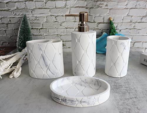 Hymmah Bathroom Accessories Set,Marble Design Toothbrush Holder,Farmhouse Bathroom Decor,4 Pcs Resin Gift Set Apartment Necessities, Contain Toothbrush Cup,Soap Dispenser,Soap Dish,Tumbler - color: White Marble
