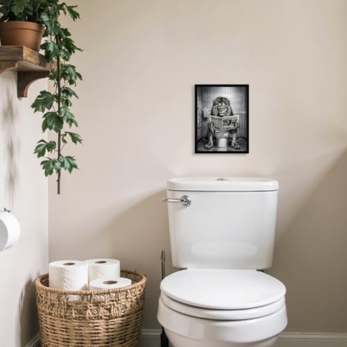 Urmoya Black and White Funny Majesty Lion Bathroom Wall Art, Animal Picture Bathroom Canvas Wall Decor, Majesty Lion on Toilet Reading Newspaper Modern Humor Painting Art Prints 8x10 Inch Wood Framed - color: Lion, size: 10"L x 8"W