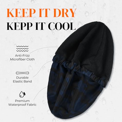 Shower Cap for Men Blue Camouflage Bath Cap, Reversible Large Waterproof Adjustable Shower Caps Terry Lining & Elastic Band Stretch Hem Hair Hat - color: Blue Camouflage