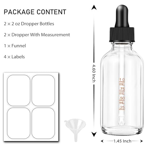 Bumobum 2 pack Dropper Bottle 2 oz, Clear Glass Eye Dropper Bottles for Essential Oils with Labels and Funnel, Leakproof Tincture Bottles with Measured dropper - color: Clear