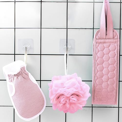 Set of 3 Bath Back Exfoliating Set, Loofah Sponge, Bath Glove,Gently Exfoliate Skin, Remove Dryness(Pink)