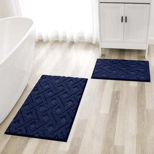 HOMEIDEAS Navy Blue Bathroom Rug Set 2 Piece, Soft Microfiber Tufted Bath Mats, Super Absorbent Non Slip, Machine Washable Bathroom Rugs for Tub, Shower and Floor, 20" x 32" Plus 16" x 24" - color: Navy Blue