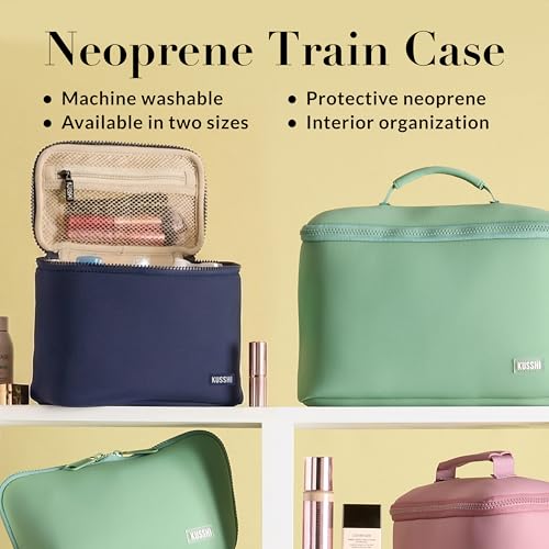 KUSSHI Neoprene Train Case Makeup Bag - Washable Makeup Travel Bag & Vanity Case for Stress Free Travel (Small, Navy/Khaki) - color: Navy/Khaki, size: Small