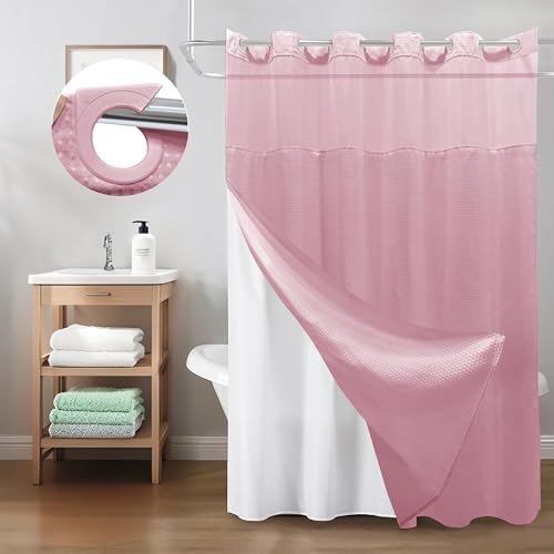 Inhousolu No Hook Shower Curtain with Snap-in Fabric Liner, Waffle Weave 230 GSM Polyester, Weighted Hem, Water Repellent Washable, Mesh Top Window 72" W x 72" L Pink - color: Pink, size: 72"W x 72"L (Pack of 1)