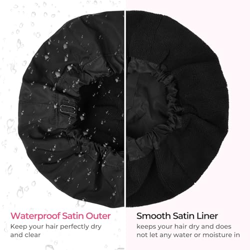 Shower Cap for Women Black Bath Cap, Reversible Large Waterproof Adjustable Shower Caps Terry Lining & Elastic Band Stretch Hem Hair Hat - color: BLACK