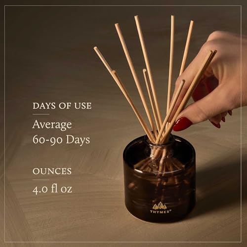 Thymes Petite Oil Reed Diffuser Set – Includes Reeds, Fragrance Oil & Glass Bottle – Luxury Scent Diffusers for Home Decor –Fresh Evergreen, Smoky Wood & Golden Amber (Noir Woods, 4 fl oz)