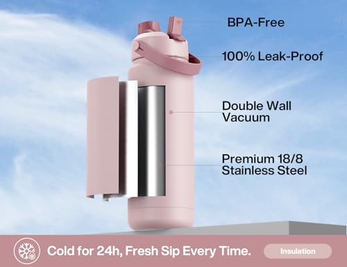 POWCAN 32 oz Insulated Water Bottle with 2-in-1 Straw and Spout Lid, Keep Cold 24H, Leak-Proof, BPA-Free, Double Wall Stainless Steel Water Bottle for Sports, Gym, Travel, and School (Dried Rose) - color: Dried Rose, size: 32 Ounces