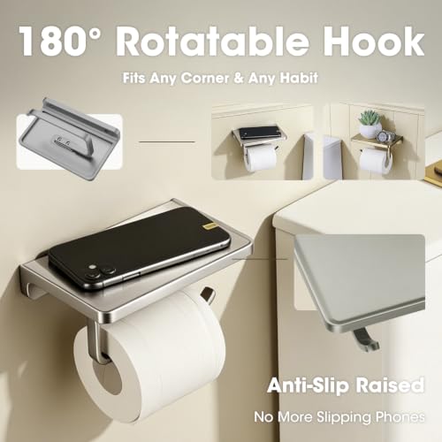 Toilet Paper Holder with Phone Shelf Solid Metal Bathroom Wall Mounted Tissue Roll Dispenser Storage, Brushed Nickel - color: Brushed Nickel, size: 7.1" x 4.3"