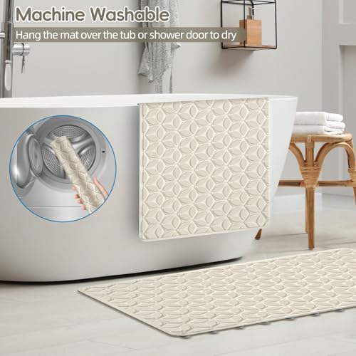 Bathtub Mat Non Slip with Suction Cups - 100% Rubber Bathroom Mat Textured for Bath Tub Shower Safety - Soft on Touch - BPA/PVC Free - Pet Dog Bath Mat - Machine Washable - 16 × 28 Inch（Beige） - color: Beige, size: 28" x 16" (Rectangular)