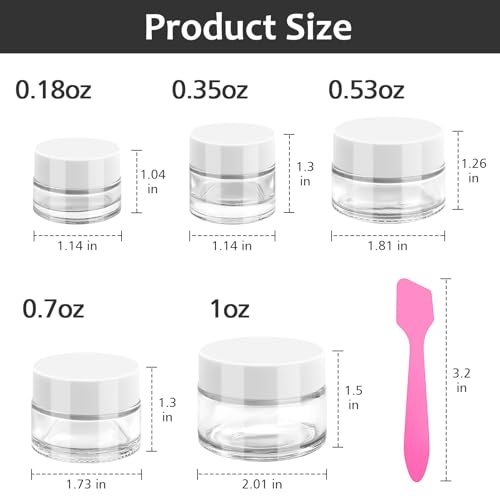 Accmor 10 Pcs Mini Glass Jars with Lids, 0.18/0.35/0.53/0.7/1 OZ Makeup Travel Containers with Inner Liners & 5 Spatulas, LeakProof Reusable Makeup Sample Container for Creams, Lotion, Essential Oils - color: White