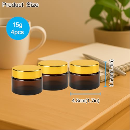 4 Packs 15ml/0.5Oz Amber Glass Cream Jars with Gold Lid Small Cosmetic Containers Refillable Skincare Travel Sample Jars for Face Cream, Balm, Lotion, Salve