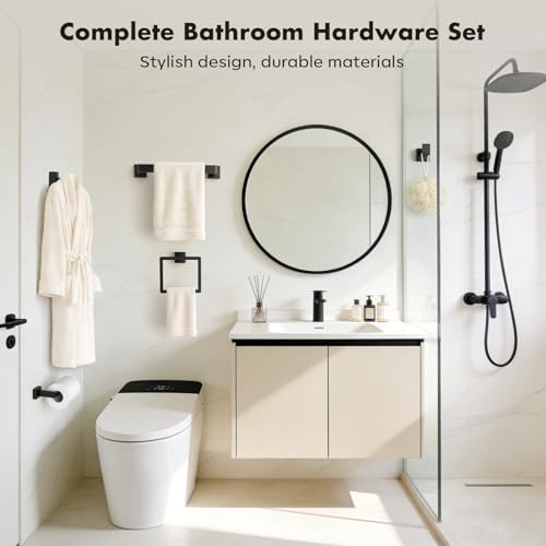 Bathroom Accessories Towel Bar Set: 15 Pieces Matte Black Bathroom Hardware Square SUS304 Stainless Steel - Wall Mounted Towel Rack&Toilet Paper Holder&Towel Ring and Towel Hook - color: Matte Black, size: 16inch 15 Pieces