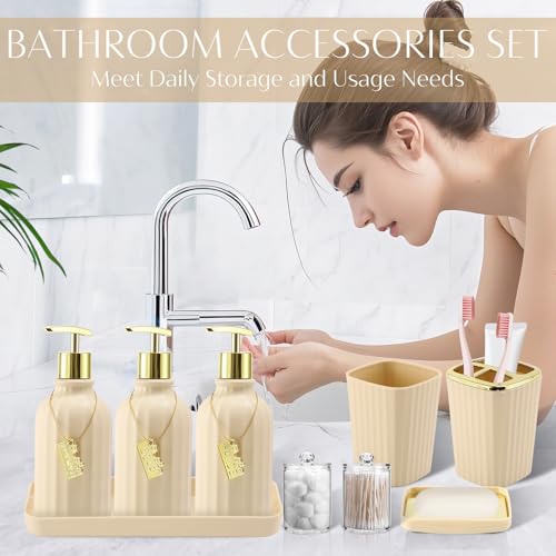 17PCS Bathroom Accessories Set, Beige Bathroom Set Bathroom Accessories Set with Trash Can, Toilet Brush, Toothbrush Holder, Qtip Holder & 3PCS Soap Dispenser - size: Bath Set with Press-Top Trash Can, style: Beige