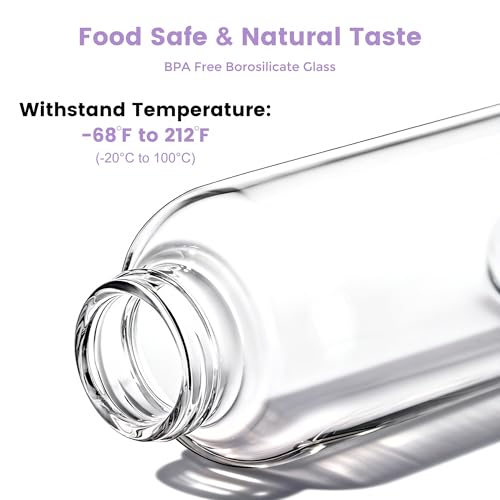 Mrsdry Glass Juice Bottles with Lids and Silicone Sleeves 18 oz, 4-Pack Reusable Clear Glass Water Bottles with Stainless Steel Airtight Cap for Juicing, Refrigerator, BPA Free Leak-Proof Drinking Jar - color: Purple