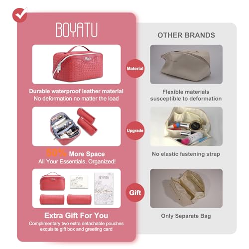 BOYATU Travel Makeup Bag Cosmetic Bags for Women: Large Capacity 3 Pcs Set Make up Bag with Compartments - Waterproof Vegan Leather Toiletry Organizer Bags with Handle (L54Rose) - color: L54Rose