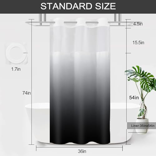 Small Stall No Hook Shower Curtain with Snap in Liner, Black and White Shower Curtains and Liner Set, Ombre Hotel Fabric Bath Curtain for Bathroom, Mesh Top Window Waterproof Washable, 36 x 74 - color: Ombre Black, size: 36"W x 74"L (Pack of 1)