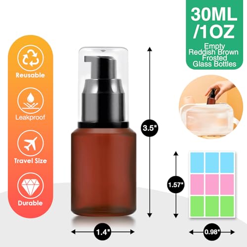3PCS 30ML/1OZ Empty Reddish Brown Frosted Glass Bottles with Pump Refillable Vial Cosmetic Dispenser Jars Storage Travel Lotion Container Portable Sample Bottle for Toiletries,Foundation,Cream,Lotion - color: Reddish Brown, size: 1 Ounce