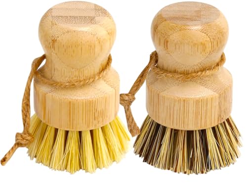 Aisuly Bamboo Dish Brush Set, 2 Pcs Palm Wooden Dish Scrubber Brush, Dish Brushes, Durable Wood Dishes Scrub Brush, Natural Round Vegetable Cleaning Pots Pans Sink Washing Kitchen Brush - size: 1p Palm+1p Sisal