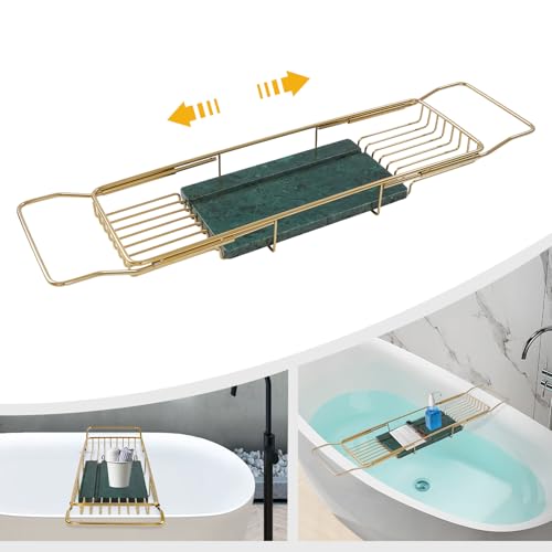 Expandable Bathtub Tray, Stainless Steel Bath Table Tray with Marble Board, Modern Luxury Bathtub Shelf for Bathrooms, Kitchen Sink (Gold + Green) - color: Gold + Green