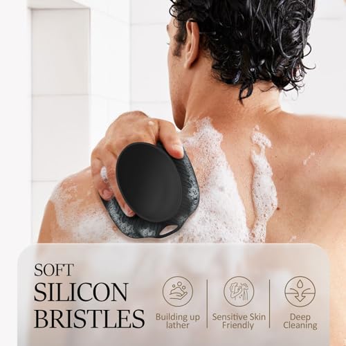 Soft Silicone Body Scrubber, Gentle Like a Hand Exfoliating Your Skin and Build Up Lather Easily, Back Large Suction Cup Easy to Store, Long-Lasting & Deep Clean (Black) - color: Black