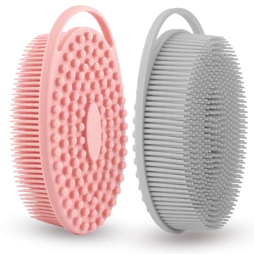 Silicone Body Scrubber 2 Pcs Silicone Loofah Exfoliating Body Scrubber for Men Women Soft Silicones Shower Scrubbers Double Sided Silicones Bath Bodys Brush for All Skin Lather Well, Gray and Pink - size: gray+pink