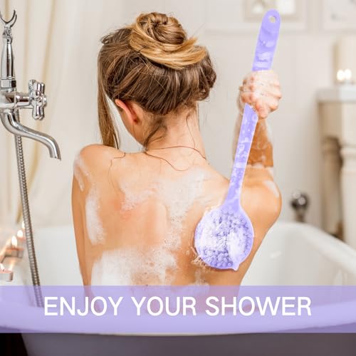 Sunnyray 2 Pack Silicone Back Scrubber for Shower with 15" Long Handle Double-Sided Bath Body Brush for Exfoliating Easy to Clean Quick Dry Deep Cleaning Lathers Well(Purple) - color: Purple