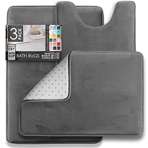 Clara Clark 3 Piece Bathroom Rugs Bath Mat Set, Velvet Memory Foam Bath Mats for Bathroom - Non-Slip, PVC Backing Bath Rugs, Washable - Dries Quickly, Grey - color: Dark Grey, style: 17 x 24 + 20 x 32 + Contour