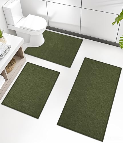 chakme Bathroom Rug Sets 3 Piece, Ultra Thin Quick Dry Bath Mat Set, Absorbent Bath Mat for Bathroom Non Slip Machine Washable, (Dark Green, 3 Piece) - color: Dark Green, size: 3piece