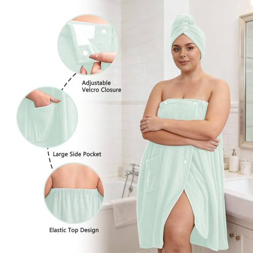 Women’s Plus Size Towel Wrap with Hair Towel (2XL-4XL), Oversized Shower Body Wrap Bathrobe, Soft Quick-Dry Hair Drying Towel for Spa Use Light Green - color: Light Green, size: 2XL-4XL