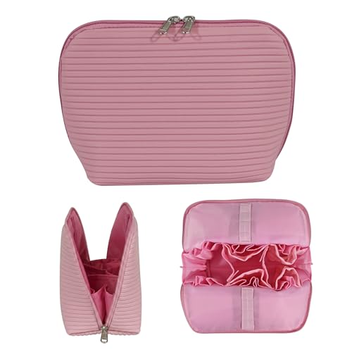 Travel Makeup Bag for Women, Waterproof Stand Up Cosmetic Bag with Brush Holders, Organizer Bag with Compartments, Fold-Down Design for Skincare, Toiletries & Essentials (Pink, Medium) - color: Pink, size: Medium