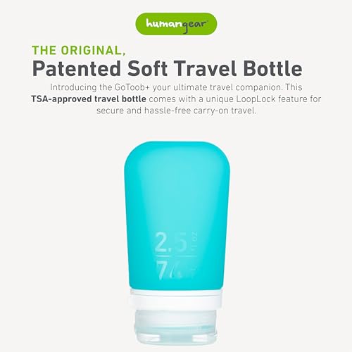humangear GoToob+ (Medium) | Refillable Silicone Travel Bottle | Locking Lid | Food-Safe Material | Aqua, Medium (2.5 fl.oz.; 74ml) - color: Aqua, size: 2.5 Ounces