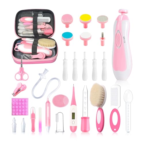 28 in 1 Baby Healthcare and Grooming Kit, Infant Baby Nursery Kit Electric Nail Trimmer Set with Gas Colic Passer Nasal Aspirator Nail Clipper Hair Brush Comb for Newborn Girls Boys (Pink) - style: 28 Kits-Pink