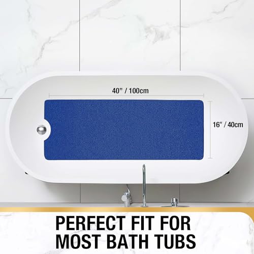 HITSLAM Non Slip Bathtub Mat 40 x 16 Inch, Extra Long Bath Mat for Tub, Soft PVC Loofah Shower Floor Mat with Drain, Quick Drying Bathroom Tub Mat for Wet Area, Without Suction Cup, Blue - color: Blue, size: 40" x 16" (Rectangular)