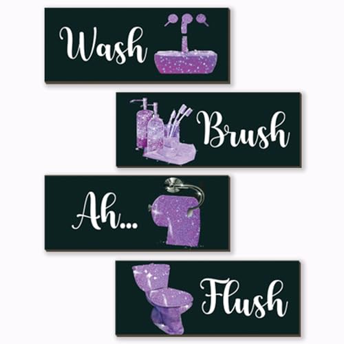 4 Pcs Purple Bathroom Decor Funny Purple And Black Wall Art Wooden Bathroom Accessories Modern Glitter Sign for Home Toilet(10x4 Inch) - color: Purple, size: 10 X 4 Inch
