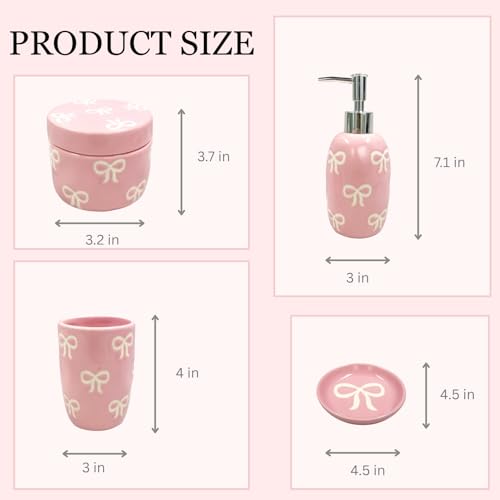 Bow Bathroom Set, 4 Pcs Ceramic Bathroom Accessory Sets - Soap Dispenser, Tumbler Toothbrush Holder, Vanity Soap Tray, Cotton Swab Jars - Pink Bathroom Decor Gift for Her (Pink) - color: Pink