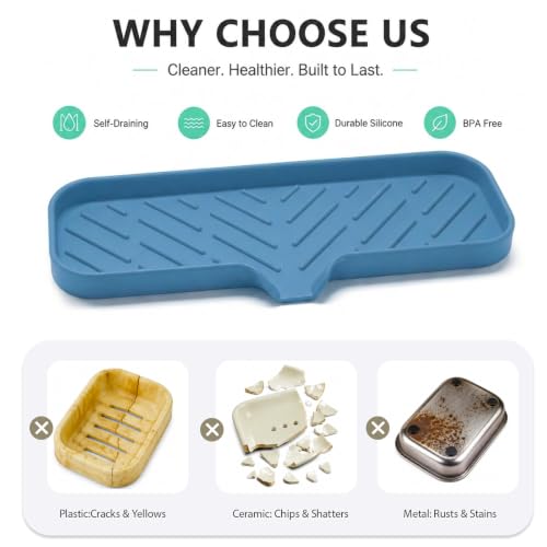 MicoYang Silicone Soap Dish with Drain Spout — Self-Draining Double Sink Organizer Tray for Kitchen & Bath, Dispensers, Sponges & Soap Holder, Non-Slip & Dishwasher Safe, Lichen Blue (Large, 12"×4") - color: Lichen Blue, size: L(12"×4")