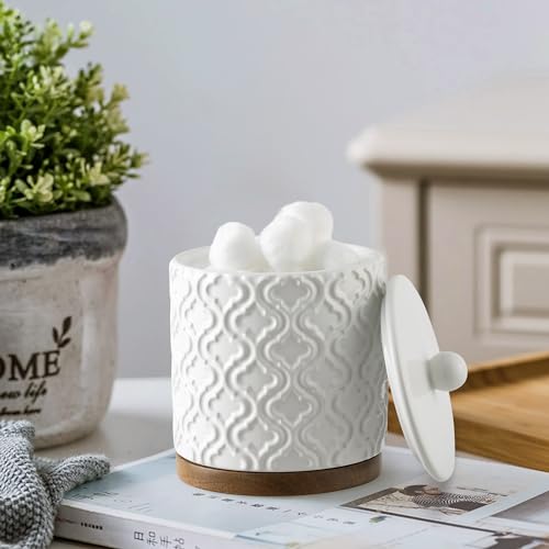RQYIXI Elegant 5 PCS Ceramic&Wood Bathroom Accessories Set:Soap Dispenser,Toothbrush Holder,Tumbler,Soap Dish,Cotton Swab Jar,Easy to Clean,Quatrefoil Pattern,White-Affordable Home Luxury - color: White Set-5pcs