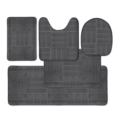 Bathroom Rugs Set - Soft Non Slip Memory Foam Large Bathroom Rug Mats - Perfect Combination of Luxury and Comfort (Charcoal/Line Design, 5 Piece Set) - color: Charcoal / Line Design