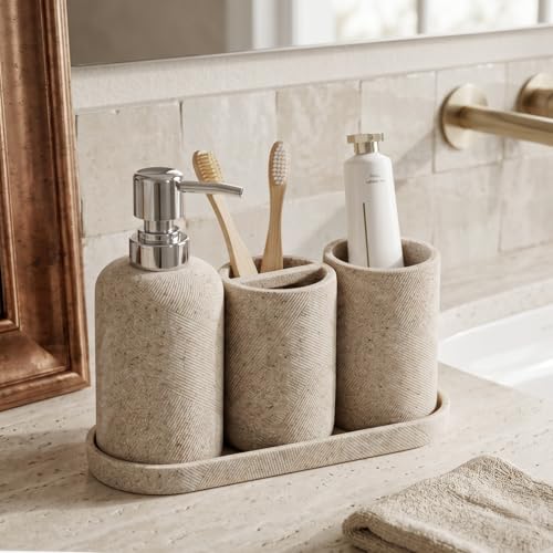 Bathroom Accessories Set, Bathroom Organizer Countertop, Soap Dispenser and Toothbrush Holder, Mouthwash Cup, Tray Set, Vanity Tray for Bathroom, 4 Pieces Modern Decor (Beige) - color: Beige 4pcs