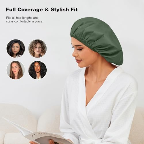 2 Pack Shower Caps for Women, Reusable Waterproof Shower Cap with Elastic Band, Thickened Waterproof Fabric Shower Bonnet for Braids, Long Hair - color: Olive Green/Light Gray