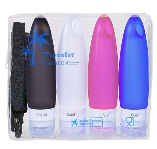 Gym Refillable Bottles Leak Proof Camping Travel Containers with Shower Lanyard,3.3oz TSA Approved Squeezable Silicone Travel Tube Set for Gym Shampoo Lotion Soap - color: 5 Pack: 3.3oz 4C + Shower Lanyard