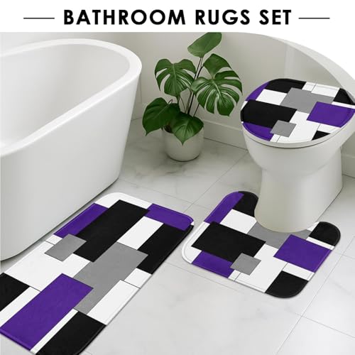 Purple Geometric Shower Curtain Set with Toilet Lid Cover and Non-Slip Rugs for Bathroom, Grey Black White Checkered 4 Pcs Shower Curtain, Abstract Modern Bathroom Set with 12 Hooks - color: Abstract Geometric Purple