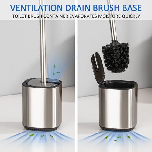 Toilet Bowl Brush and Holder, Toilet Brush with Stainless Steel Handle and Durable Bristles for Bathroom Cleaning, Automatic Closing Holder Set (Silver) - color: Silver