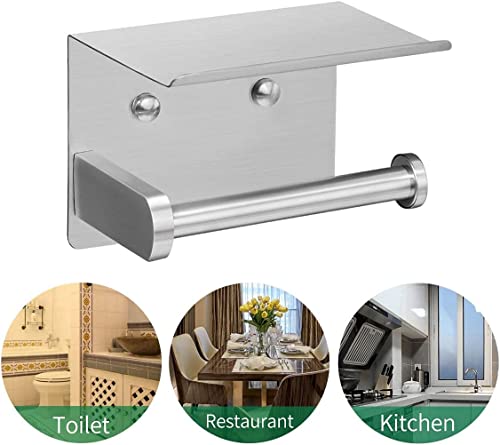 Self Adhesive Toilet Paper Holder with Phone Shelf Stainless Steel Wall Mounted Toilet Paper Roll Holder - Rustproof and Bathroom Washroom Tissue Roll Holder with Storage Shelf(Silvery) - color: Silver