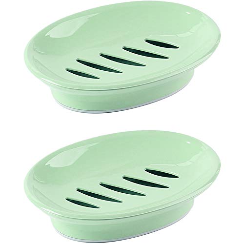 WYOK 2-Pack Soap Dish with Drain Plastic Sponge Holder Easy Cleaning Soap Saver Tray Caddy Keep Dry Stop Mushy for Shower Bathroom Kitchen(Green) - color: Green