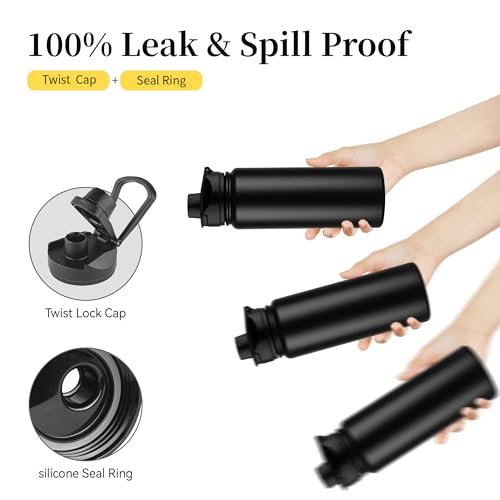 24 oz Insulated Water Bottle Bulk 4 Pack, Stainless Steel Sports Water Bottles with Straw Lid & Wide Mouth Lids, Double Walled Vacuum, Leak Proof, Black - color: Black, size: 24 Ounces-4