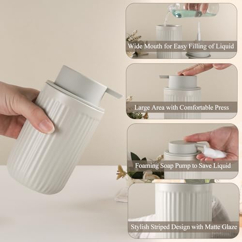 BosilunLife Foaming Soap Dispenser Set - Grey Ceramic Foam Hand Soap Dispenser 12oz with Rust Proof Pump, Easy Pressing, Refillable for Kitchen, Bathroom - 2 Pack - color: Grey-foam Pump