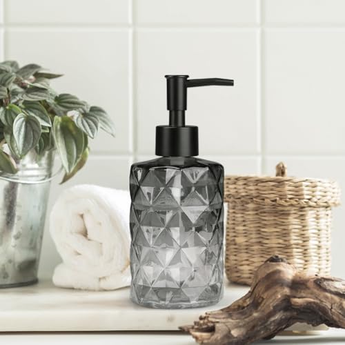 Glass Soap Dispenser with Plastic Pump, 1 Pack 11oz Gradient Diamond Design Black Soap Dispenser for Dishwashing Liquid, Lotion Shower Gel - color: Gradient Black